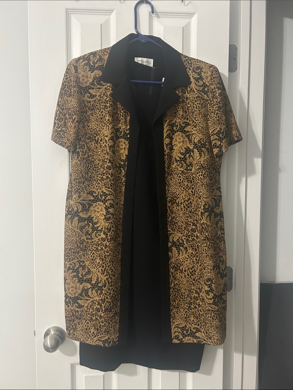 Studio I Short Sleeve Leopard Floral Open-Front Coat in Tan and Black with dress